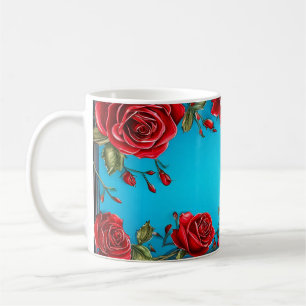 Frame of Red Roses with Decorative Green Leaves Coffee Mug