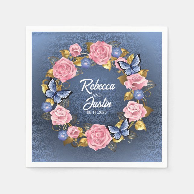 Frame Pink and Blue Roses Floral Modern Boho Napkin (Front)