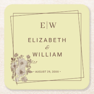 Frame & Roses, Wedding style on Celestial Yellow Square Paper Coaster