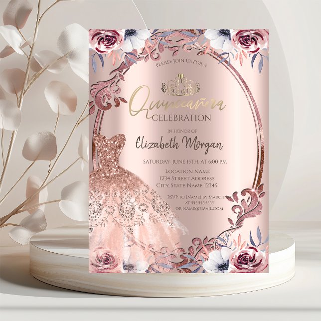Frame Swirls Boho Flowers Dress Quinceañera Invitation (Creator Uploaded)