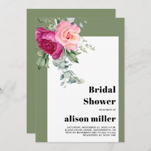 Frame with eucalyptus and pink roses bridal shower invitation