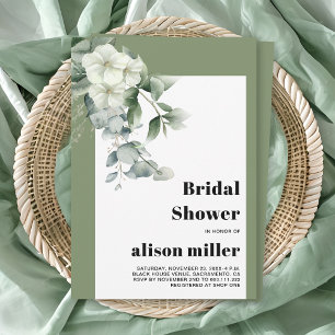 Frame with eucalyptus, white flowers bridal shower invitation