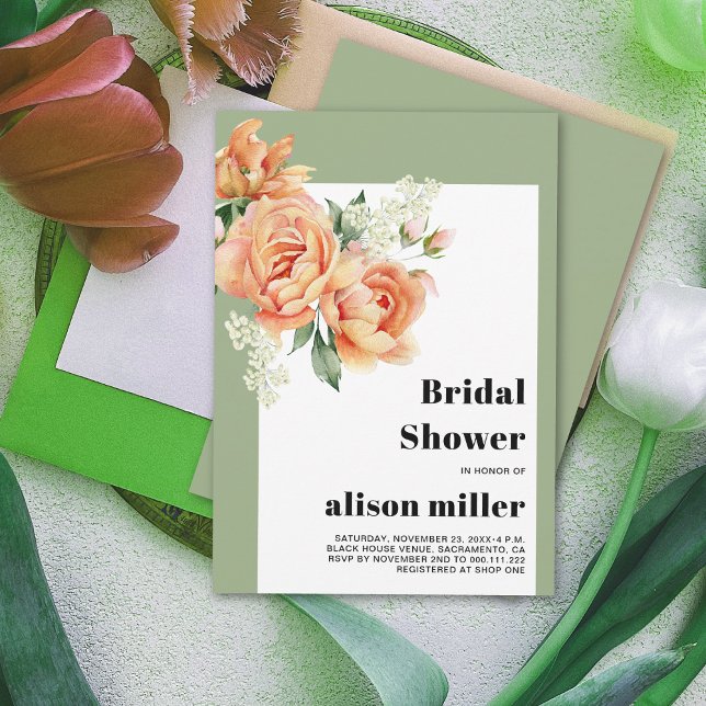 Frame with peach roses sage green bridal shower invitation (Creator Uploaded)