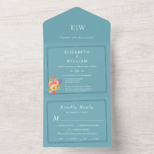 Frame with Roses, Wedding style on retro blue All In One Invitation