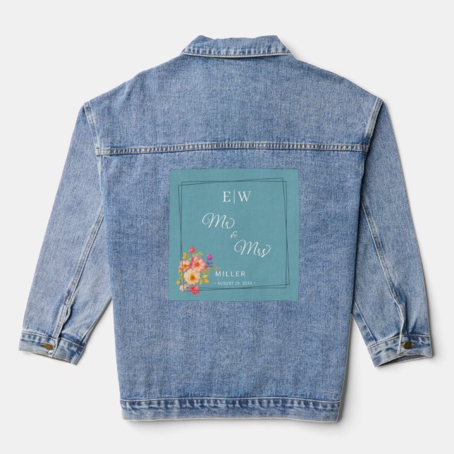  Frame with Roses, Wedding style on retro blue Denim Jacket (Back)