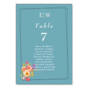 Frame with Roses, Wedding style on retro blue Table Number
