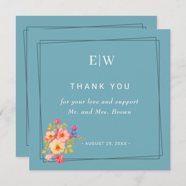  Frame with Roses, Wedding style on retro blue Thank You Card (Front/Back)