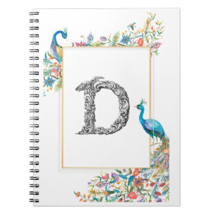 Frame with watercolor peacocks and flowers - D Notebook