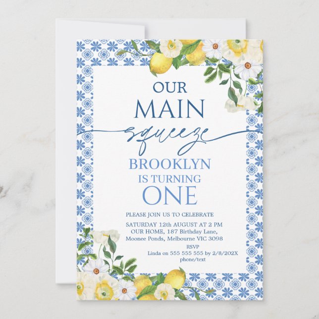 Frame Yellow Floral Lemon Main Squeeze Birthday Invitation (Front)