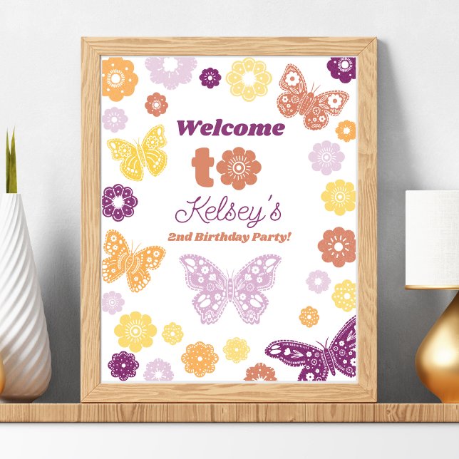 Frameable Retro Butterfly Birthday Welcome (Frameable Retro Butterfly Birthday Party Welcome Sign)