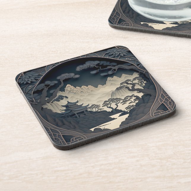 Framed 3D Chinese Landscape Grey Coaster (Left Side)