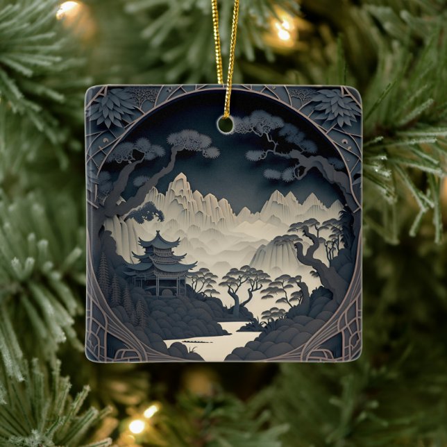 Framed 3D Chinese Landscape Grey Square Ornament (Tree)