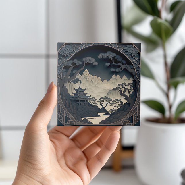Framed 3D Chinese Landscape Grey Tile (Transform your space with the serene beauty of this Asia ceramic tile. 🌿🏞️ #TranquilVibes)