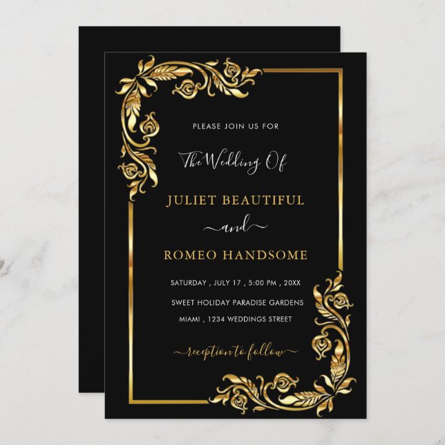 Framed Black and Gold Wedding Invitation (Front/Back)