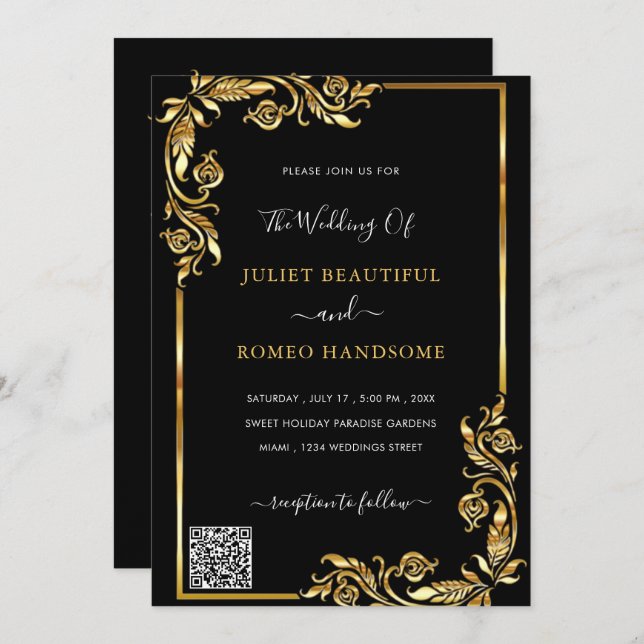 Framed Black Gold Wedding Invitation with QR Code (Front/Back)