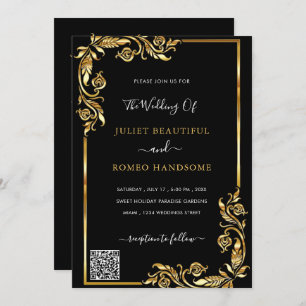Framed Black Gold Wedding Invitation with QR Code
