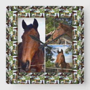 Framed Brown Horses In A Photo Collage, Square Wall Clock