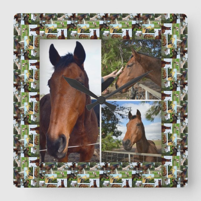 Framed Brown Horses In A Photo Collage, Square Wall Clock (Front)
