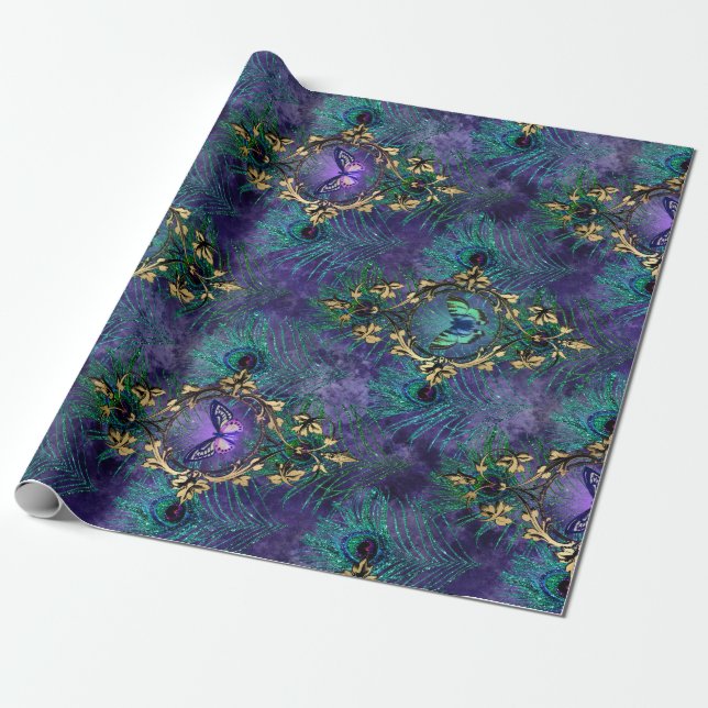 Framed Butterflies and Peacock Feathers Wrapping Paper (Unrolled)