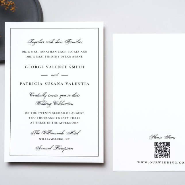 Framed | Calligraphy Elegant White QR code Wedding Invitation (Creator Uploaded)