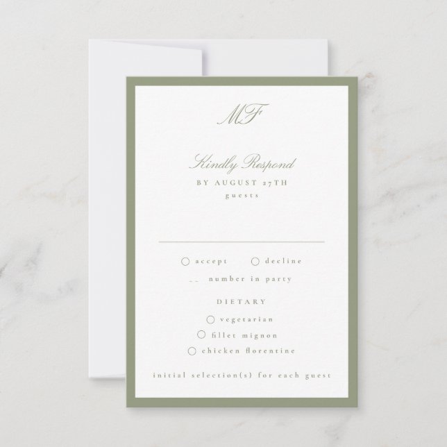 Framed Classic Formal Sage Green White Wedding RSVP Card (Front)
