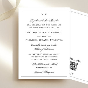 Framed   Elegant Monogram White QR code Wedding Invitation
