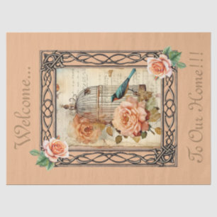 Framed Floral Bird Cage & Script Decoupage  Tissue Paper