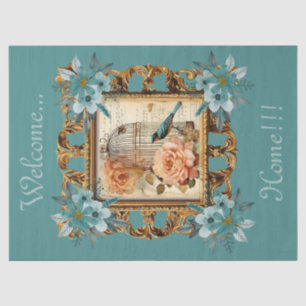 Framed Floral Bird Cage & Script Decoupage  Tissue Paper