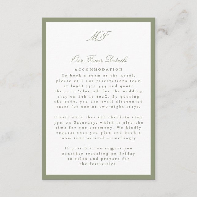Framed Formal Tuxedo Sage Wedding Details Info Enclosure Card (Front)