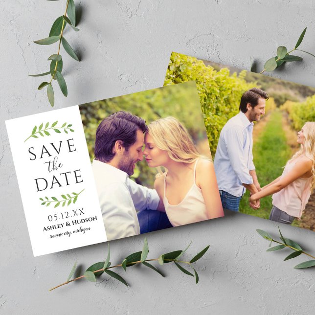 Framed in Greenery Wedding Photo White Save The Date (Creator Uploaded)