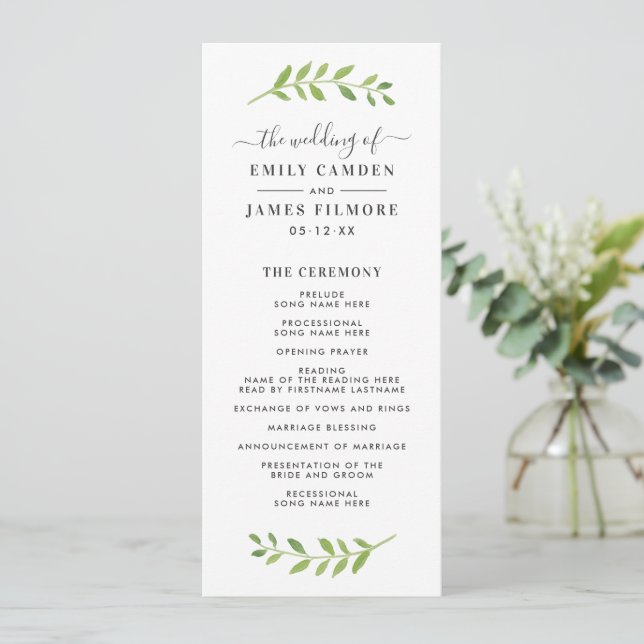 Framed in Watercolor Greenery Wedding Ceremony Program (Standing Front)
