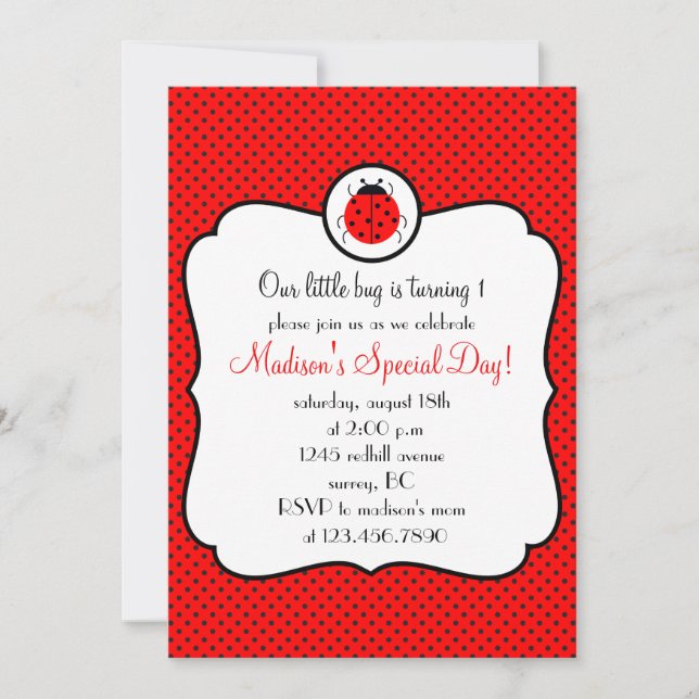 Framed ladybug birthday party invitation (Front)