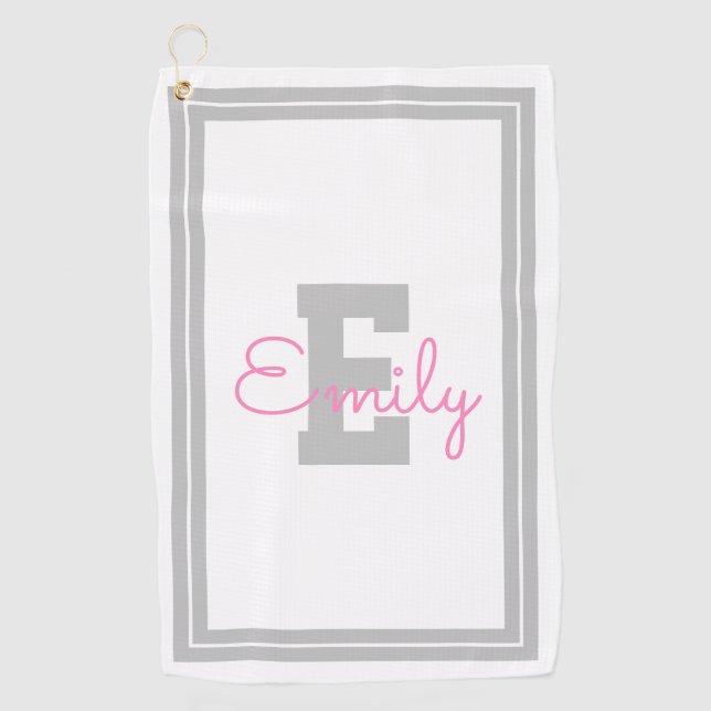 Framed Name & Monogram | Light Grey & Pink Golf Towel (Front)