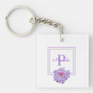 Framed Purple Monogram Pink Peony Flower Key Ring