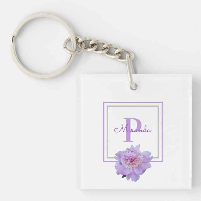 Framed Purple Monogram Pink Peony Flower  Key Ring (Front)