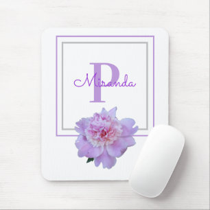 Framed Purple Monogram Pink Peony Flower Mouse Pad