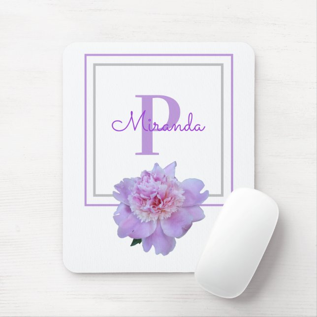 Framed Purple Monogram Pink Peony Flower Mouse Pad (With Mouse)