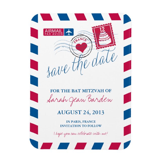 FRANCE Air Mail Bat Mitzvah Save the Date 3x4 Magnet (Vertical)