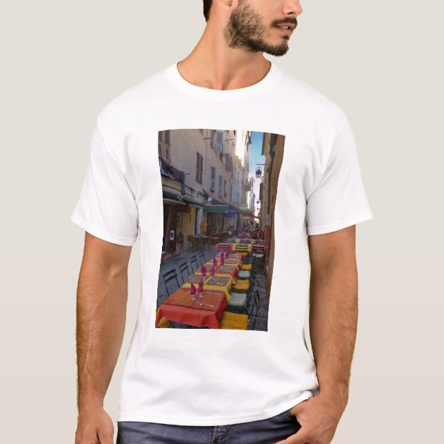 France, Corsica. Tables of cafe set up in narrow T-Shirt (Front)
