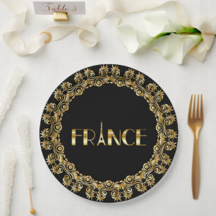 France, Eiffel Tower, Elegant Gold Design, Paper Plate