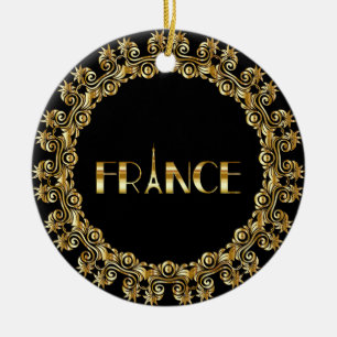 France, Eiffel Tower, Gold Design Ceramic Ornament