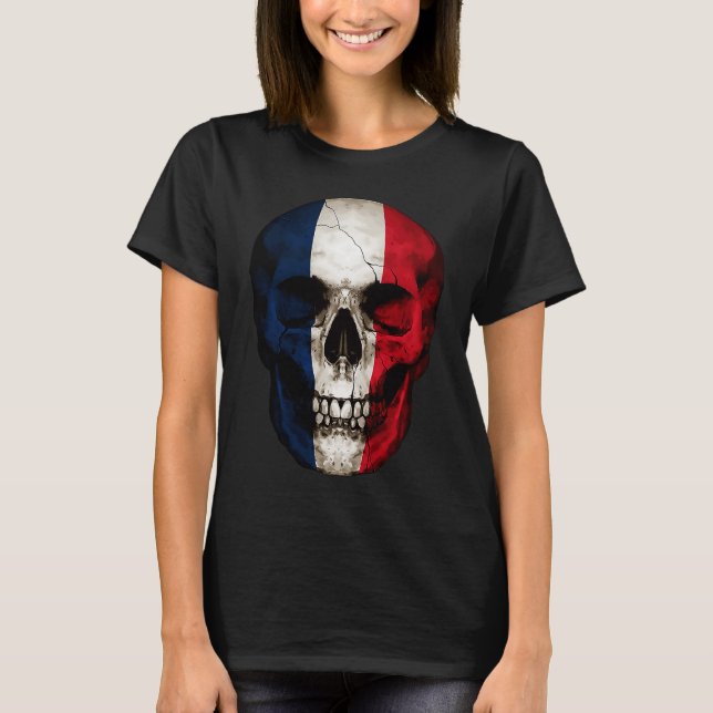 France Flag Skull French Roots Proud Patriotic T-Shirt (Front)