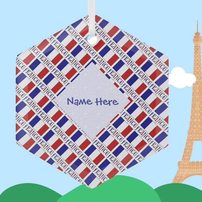 France French Flag Blue Personalised  Glass Tree Decoration (Personalized glass hexagon Christmas ornament with tiled design of French flag with FRANCE below.)