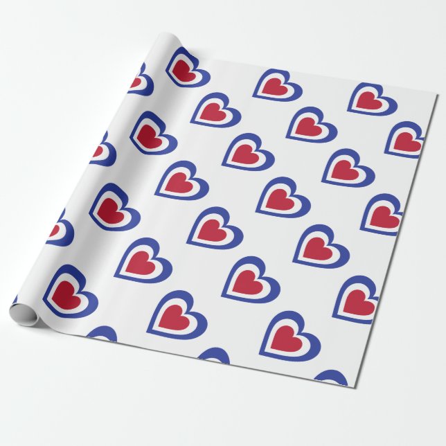 France/French Flag-inspired Hearts Wrapping Paper (Unrolled)