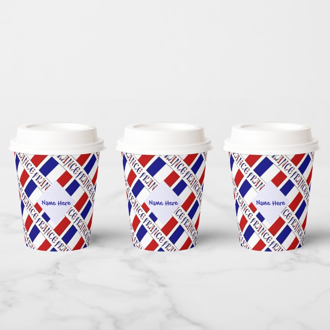 France French Flag Tiled Blue Personalized Name Paper Cups (Multi)