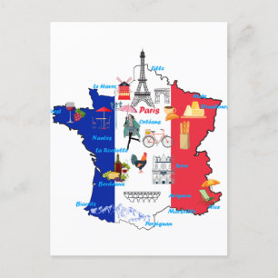 France Map Landmarks tourist attractions Postcard