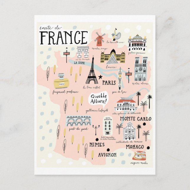 France Map with Tourists Destinations Postcard (Front)