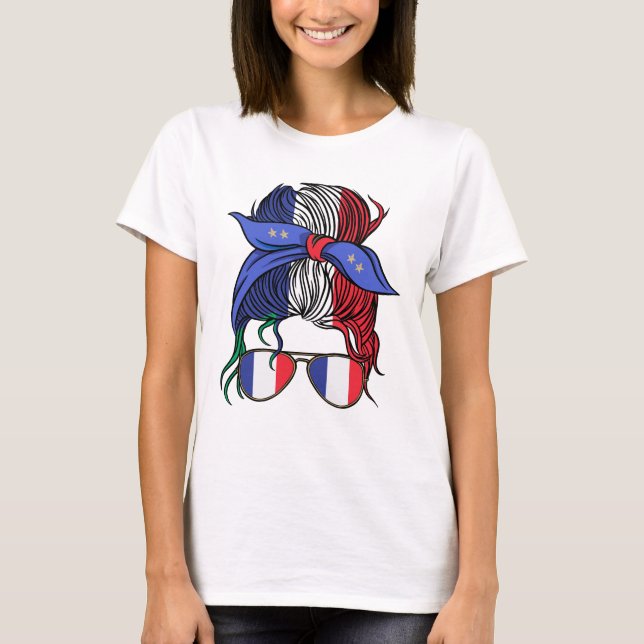 France messy bun with French Flag T-Shirt (Front)