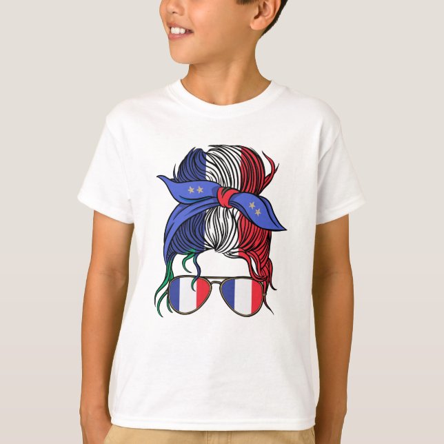 France messy bun with French Flag T-Shirt (Front)