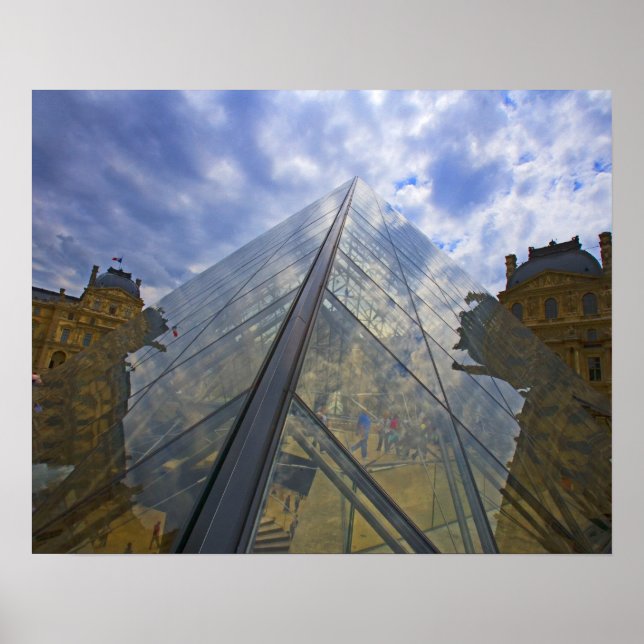 France, Paris Clouds reflect off the Louvre Poster (Front)